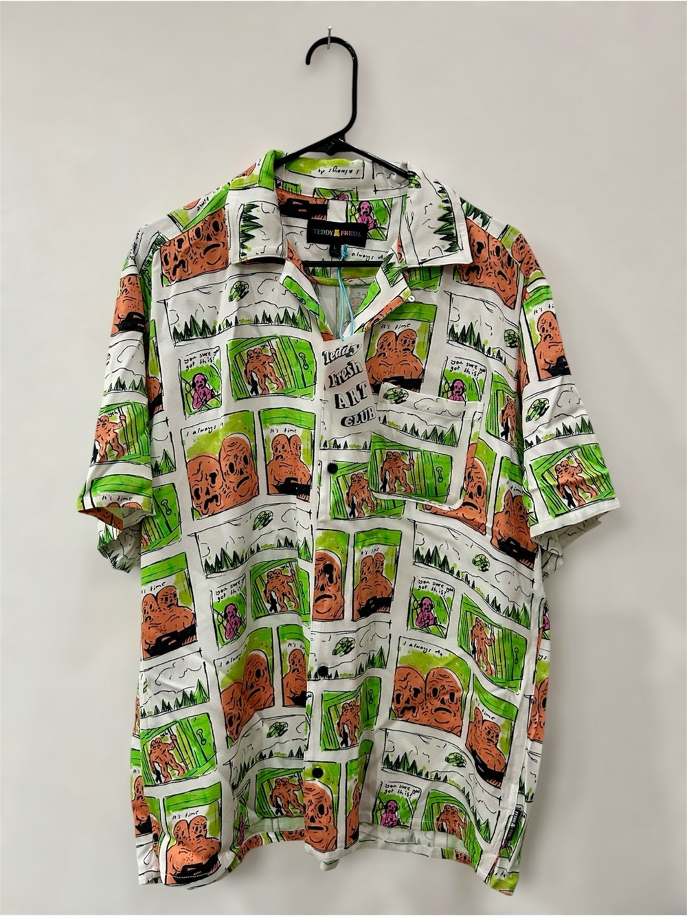 NWT Teddy Fresh Casual Mens Green & Orange Graphic Short-Sleeve Shirt L